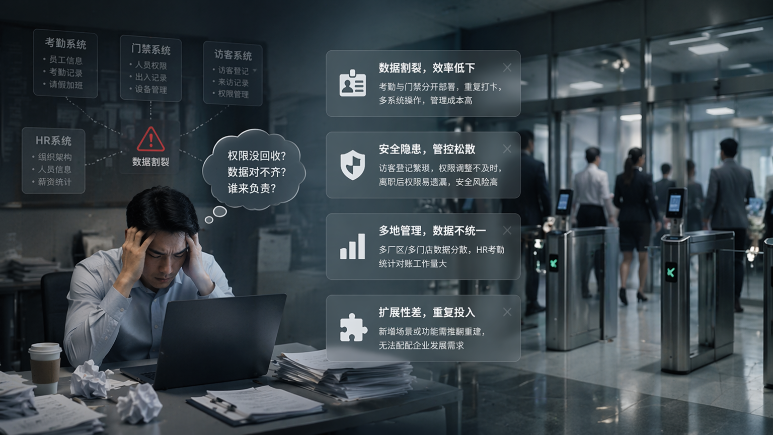 传统分散考勤通行方案痛点展示