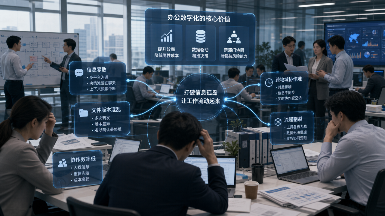 办公数字化信息碎片化与实时协作难示意图