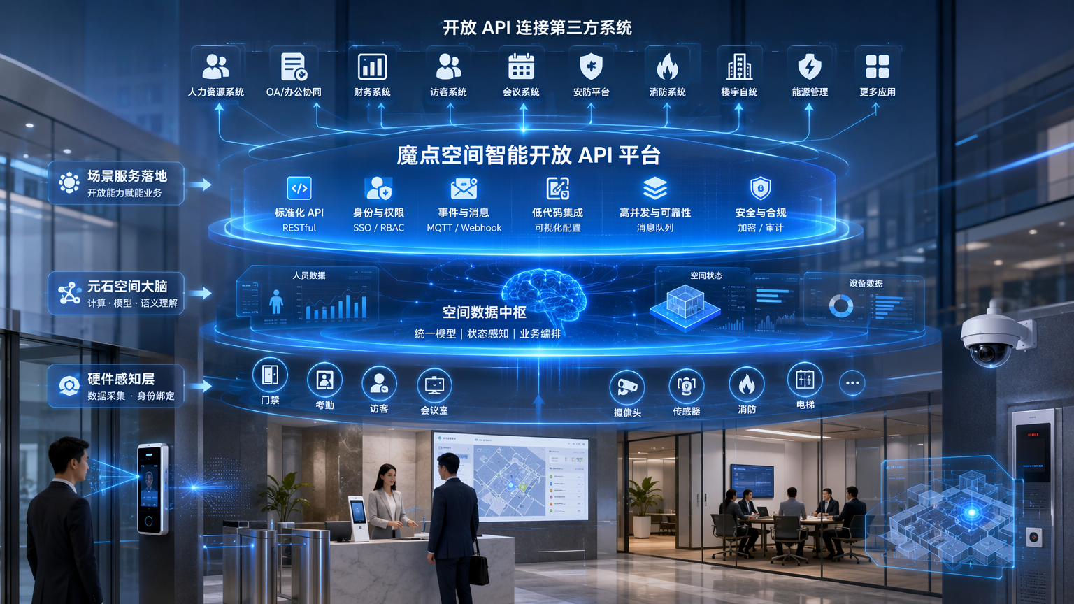魔点空间智能开放API平台三层架构与对接方式示意图