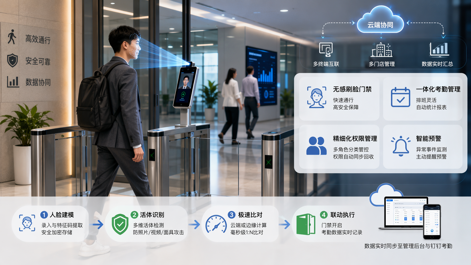 魔点刷脸通行考勤四步骤流程示意